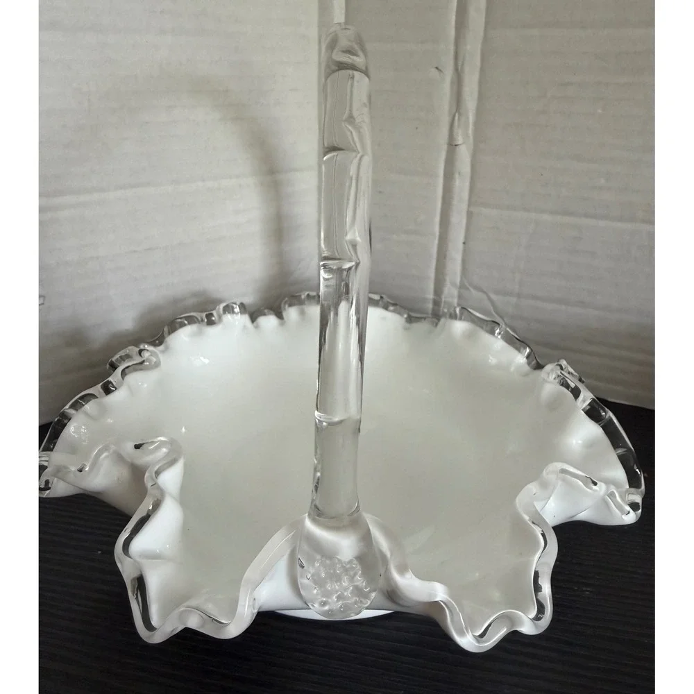 Fenton White Milk Glass Silver Crest Ruffled Basket Clear Bamboo Handle 7 inch